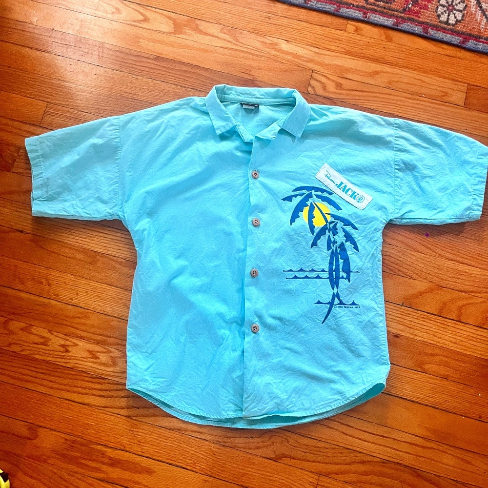 Vintage 1986 Panama Jack Medium Puffy Print Palm Tree Blue Hawaiian Shirt